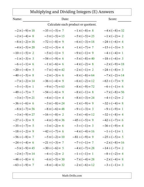 The Multiplying and Dividing Negative and Negative Integers from -9 to -1 (100 Questions) (E) Math Worksheet Page 2