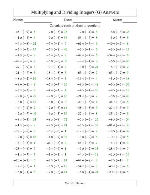 The Multiplying and Dividing Negative and Negative Integers from -9 to -1 (100 Questions) (G) Math Worksheet Page 2