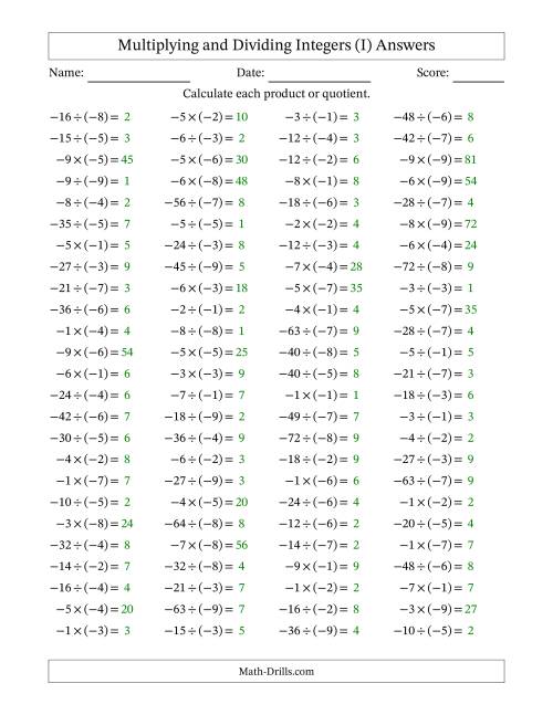 The Multiplying and Dividing Negative and Negative Integers from -9 to -1 (100 Questions) (I) Math Worksheet Page 2