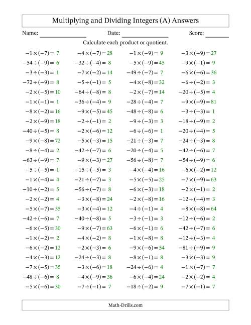 The Multiplying and Dividing Negative and Negative Integers from -9 to -1 (100 Questions) (All) Math Worksheet Page 2