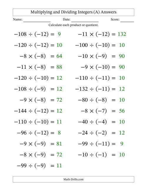 The Multiplying and Dividing Negative and Negative Integers from -12 to -1 (25 Questions; Large Print) (A) Math Worksheet Page 2
