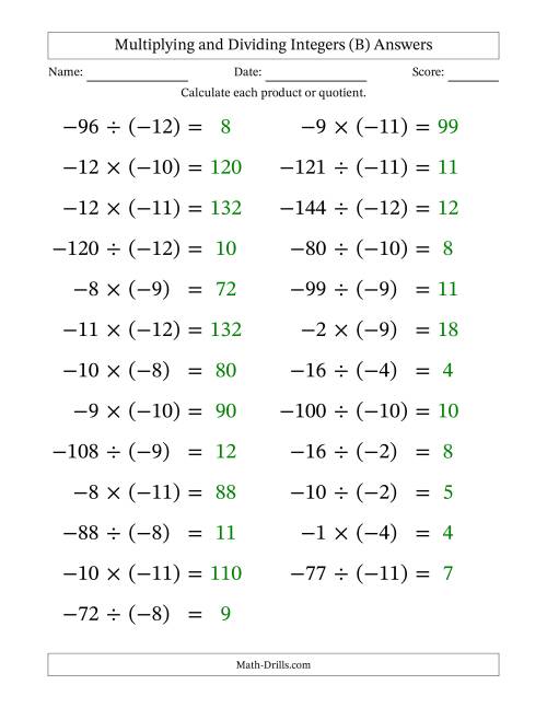 The Multiplying and Dividing Negative and Negative Integers from -12 to -1 (25 Questions; Large Print) (B) Math Worksheet Page 2