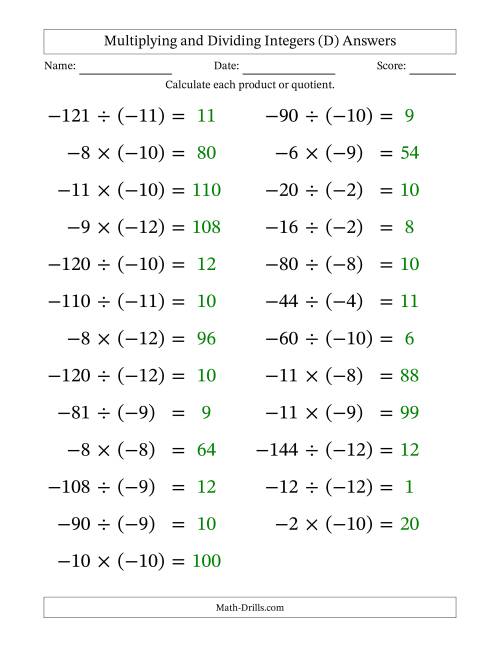 The Multiplying and Dividing Negative and Negative Integers from -12 to -1 (25 Questions; Large Print) (D) Math Worksheet Page 2