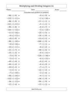 Multiplying and Dividing Negative and Negative Integers from -12 to -1 (50 Questions)