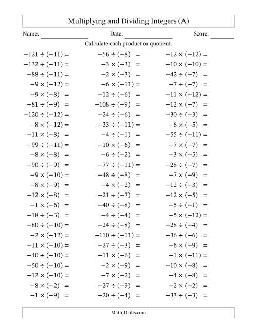The Multiplying and Dividing Negative and Negative Integers from -12 to -1 (75 Questions) (A) Math Worksheet