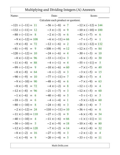 The Multiplying and Dividing Negative and Negative Integers from -12 to -1 (75 Questions) (A) Math Worksheet Page 2