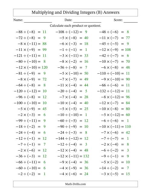 The Multiplying and Dividing Negative and Negative Integers from -12 to -1 (75 Questions) (B) Math Worksheet Page 2