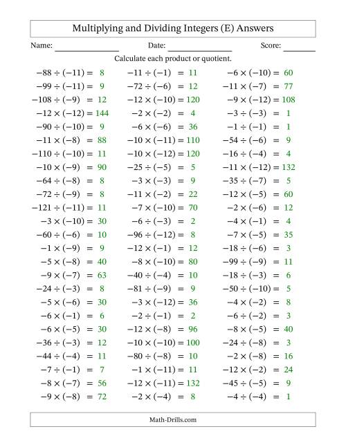 The Multiplying and Dividing Negative and Negative Integers from -12 to -1 (75 Questions) (E) Math Worksheet Page 2
