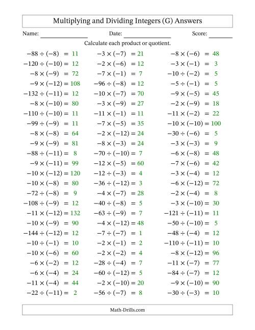 The Multiplying and Dividing Negative and Negative Integers from -12 to -1 (75 Questions) (G) Math Worksheet Page 2