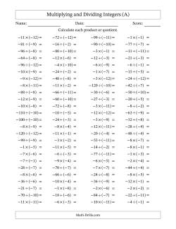 Multiplying and Dividing Negative and Negative Integers from -12 to -1 (100 Questions)