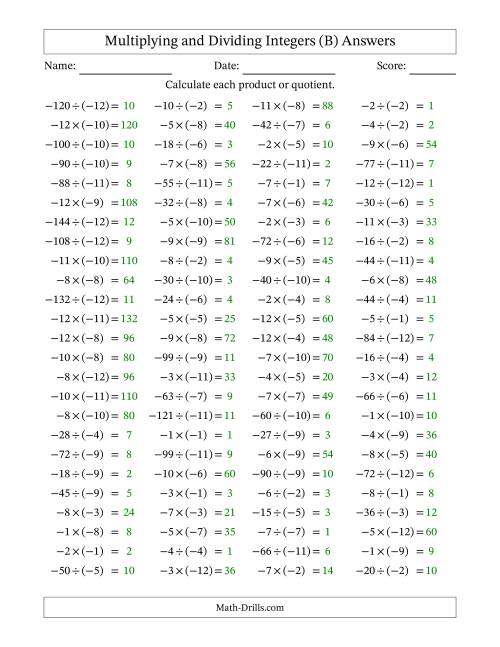 The Multiplying and Dividing Negative and Negative Integers from -12 to -1 (100 Questions) (B) Math Worksheet Page 2