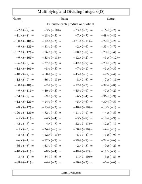 The Multiplying and Dividing Negative and Negative Integers from -12 to -1 (100 Questions) (D) Math Worksheet
