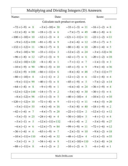The Multiplying and Dividing Negative and Negative Integers from -12 to -1 (100 Questions) (D) Math Worksheet Page 2