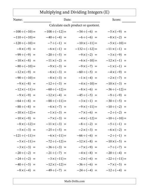 The Multiplying and Dividing Negative and Negative Integers from -12 to -1 (100 Questions) (E) Math Worksheet