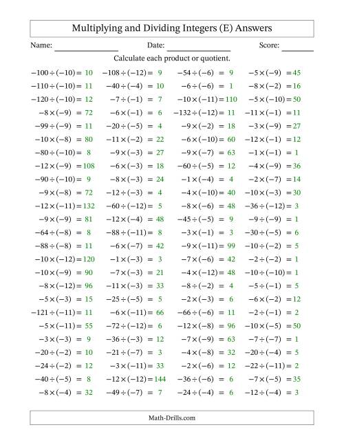 The Multiplying and Dividing Negative and Negative Integers from -12 to -1 (100 Questions) (E) Math Worksheet Page 2