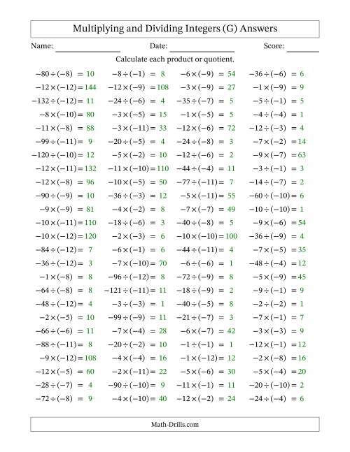 The Multiplying and Dividing Negative and Negative Integers from -12 to -1 (100 Questions) (G) Math Worksheet Page 2