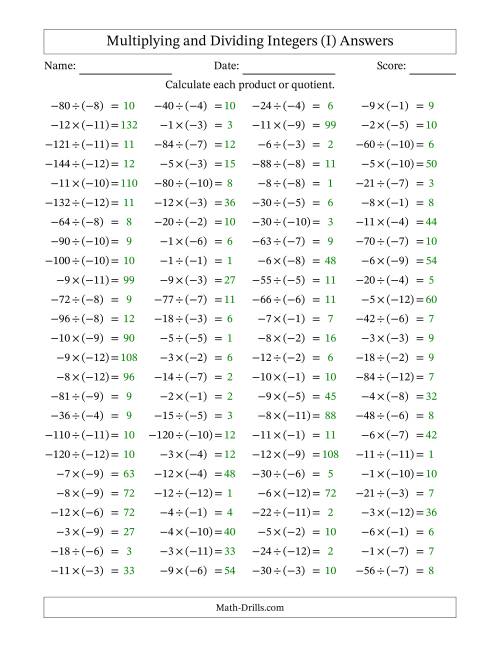 The Multiplying and Dividing Negative and Negative Integers from -12 to -1 (100 Questions) (I) Math Worksheet Page 2