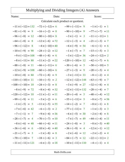 The Multiplying and Dividing Negative and Negative Integers from -12 to -1 (100 Questions) (All) Math Worksheet Page 2