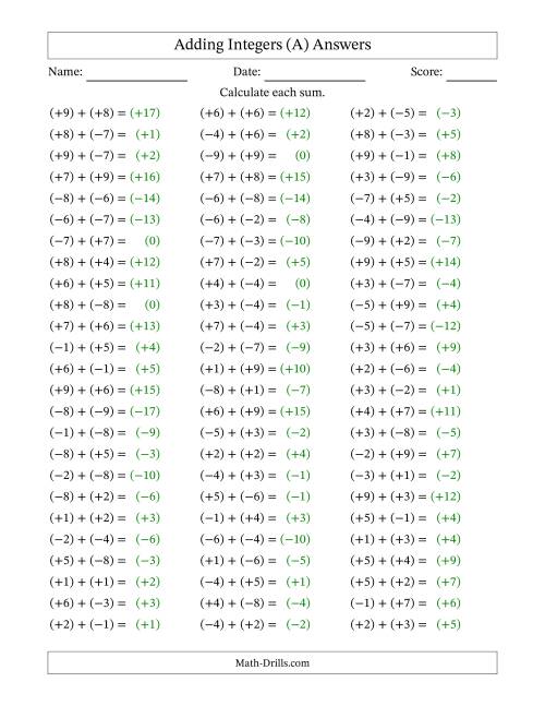 The Adding Mixed Integers from -9 to 9 (75 Questions; All Parentheses) (A) Math Worksheet Page 2