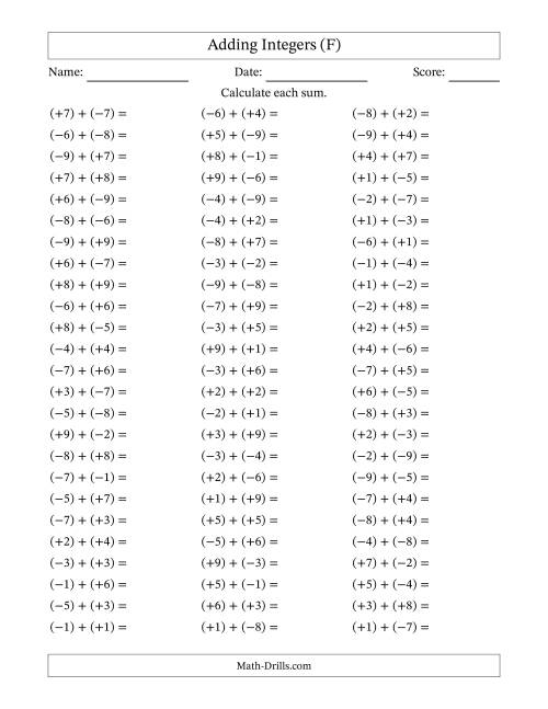 The Adding Mixed Integers from -9 to 9 (75 Questions; All Parentheses) (F) Math Worksheet