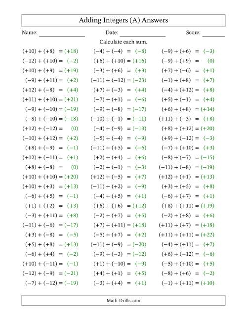 The Adding Mixed Integers from -12 to 12 (75 Questions; All Parentheses) (A) Math Worksheet Page 2