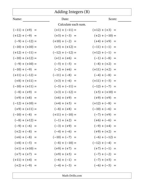 The Adding Mixed Integers from -12 to 12 (75 Questions; All Parentheses) (B) Math Worksheet