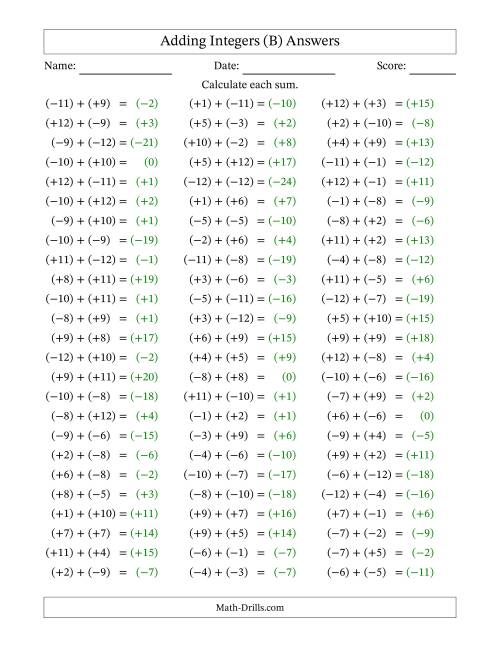 The Adding Mixed Integers from -12 to 12 (75 Questions; All Parentheses) (B) Math Worksheet Page 2
