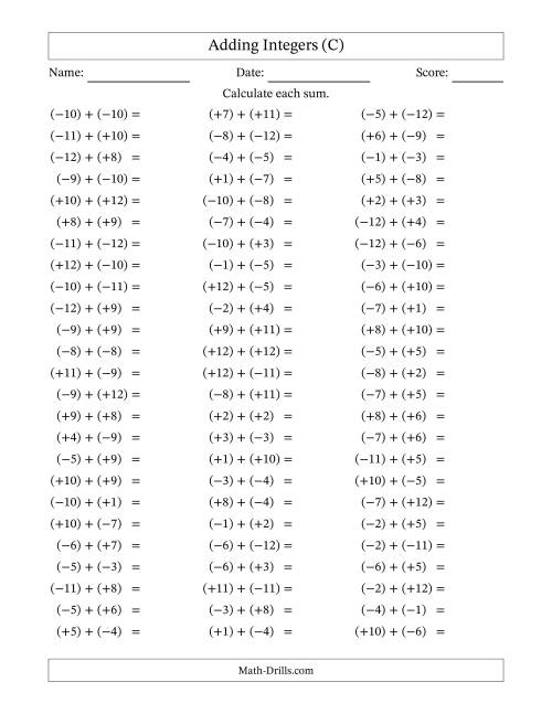 The Adding Mixed Integers from -12 to 12 (75 Questions; All Parentheses) (C) Math Worksheet