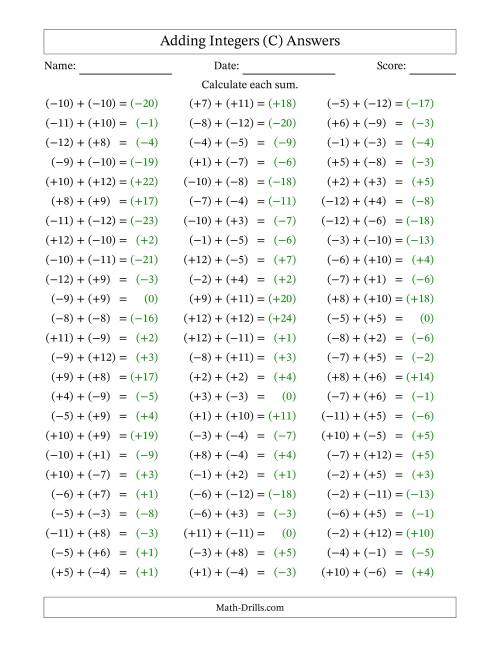 The Adding Mixed Integers from -12 to 12 (75 Questions; All Parentheses) (C) Math Worksheet Page 2