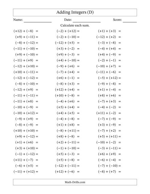 The Adding Mixed Integers from -12 to 12 (75 Questions; All Parentheses) (D) Math Worksheet
