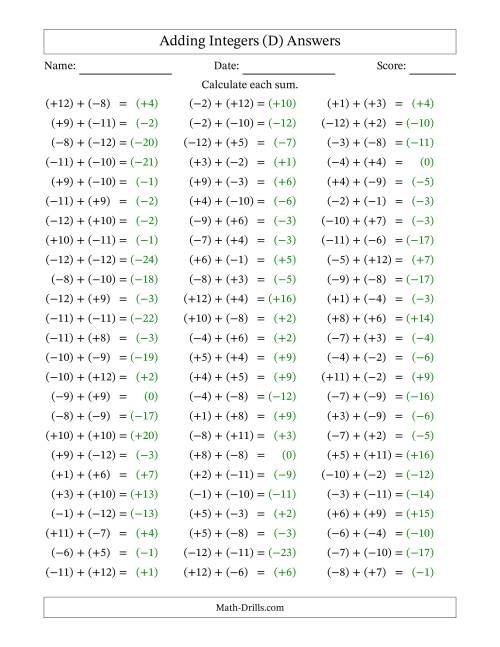 The Adding Mixed Integers from -12 to 12 (75 Questions; All Parentheses) (D) Math Worksheet Page 2