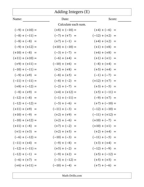 The Adding Mixed Integers from -12 to 12 (75 Questions; All Parentheses) (E) Math Worksheet