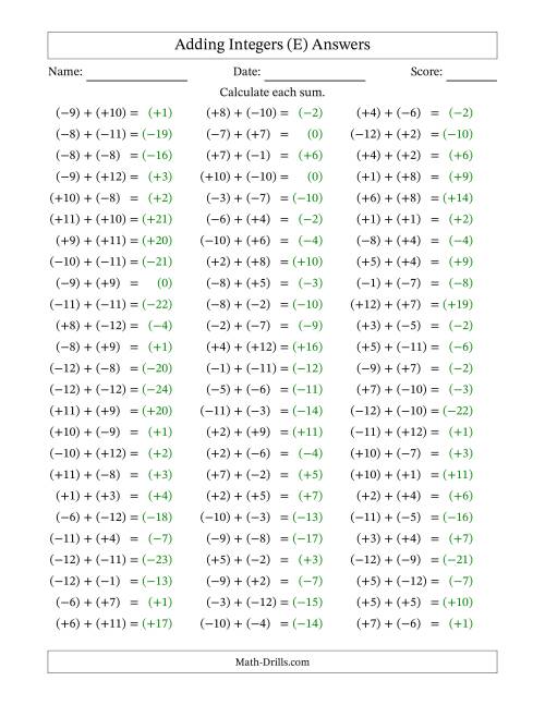 The Adding Mixed Integers from -12 to 12 (75 Questions; All Parentheses) (E) Math Worksheet Page 2