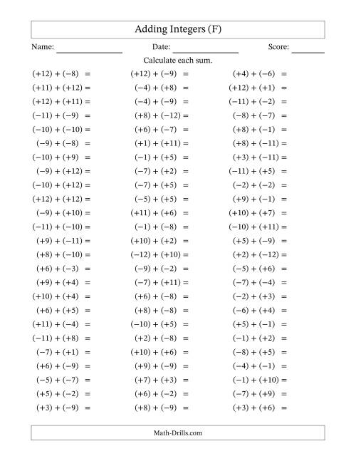 The Adding Mixed Integers from -12 to 12 (75 Questions; All Parentheses) (F) Math Worksheet