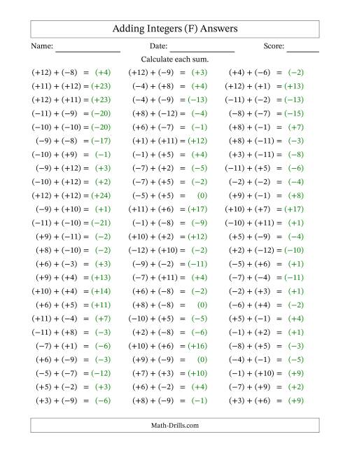 The Adding Mixed Integers from -12 to 12 (75 Questions; All Parentheses) (F) Math Worksheet Page 2