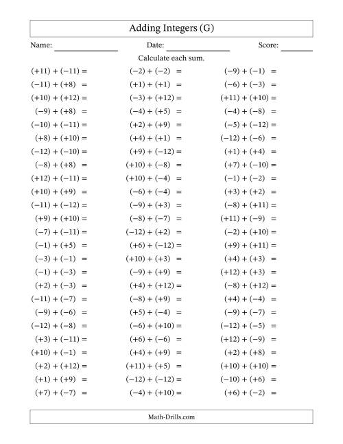 The Adding Mixed Integers from -12 to 12 (75 Questions; All Parentheses) (G) Math Worksheet