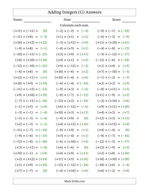 The Adding Mixed Integers from -12 to 12 (75 Questions; All Parentheses) (G) Math Worksheet Page 2