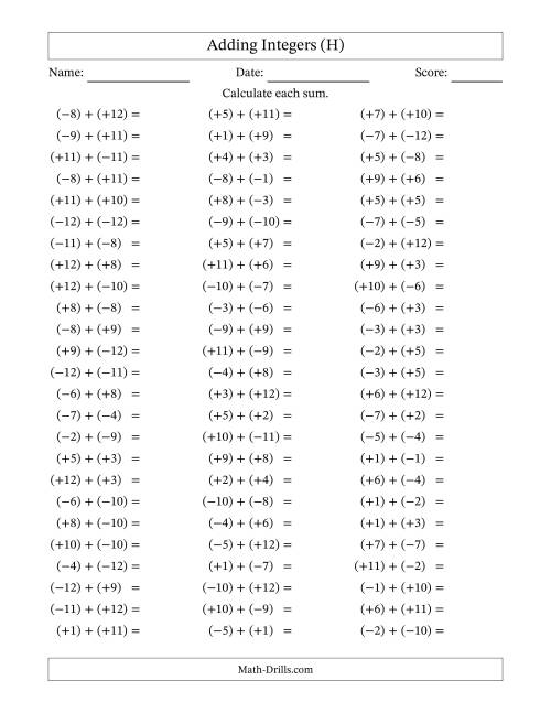 The Adding Mixed Integers from -12 to 12 (75 Questions; All Parentheses) (H) Math Worksheet