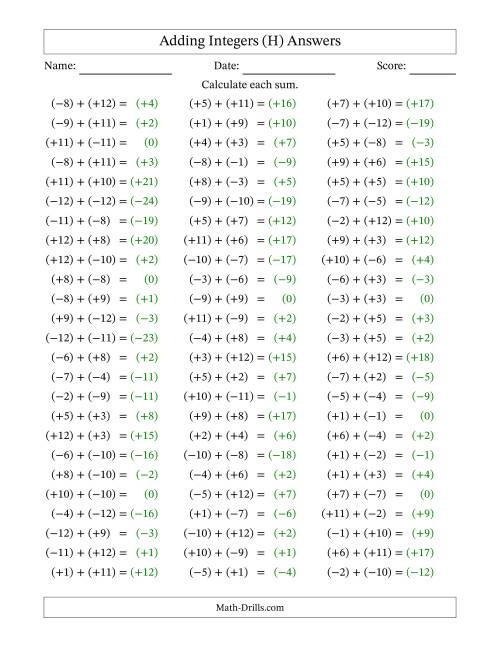 The Adding Mixed Integers from -12 to 12 (75 Questions; All Parentheses) (H) Math Worksheet Page 2