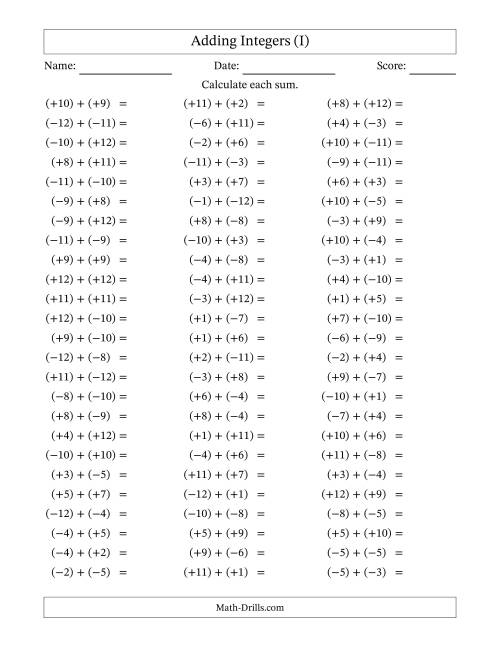 The Adding Mixed Integers from -12 to 12 (75 Questions; All Parentheses) (I) Math Worksheet