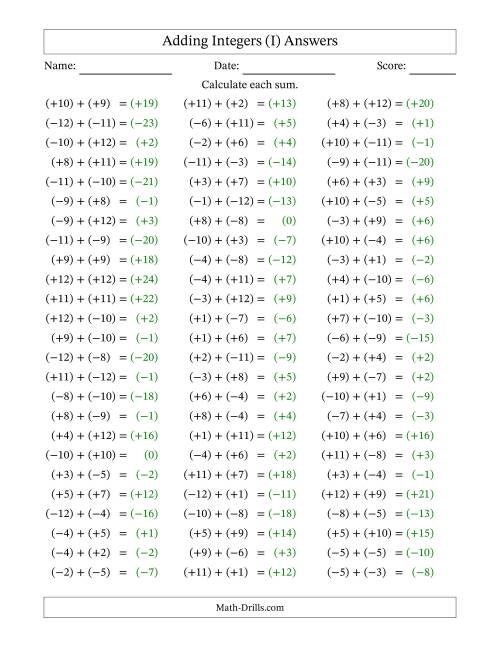 The Adding Mixed Integers from -12 to 12 (75 Questions; All Parentheses) (I) Math Worksheet Page 2