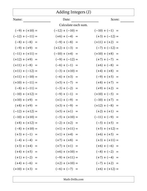 The Adding Mixed Integers from -12 to 12 (75 Questions; All Parentheses) (J) Math Worksheet