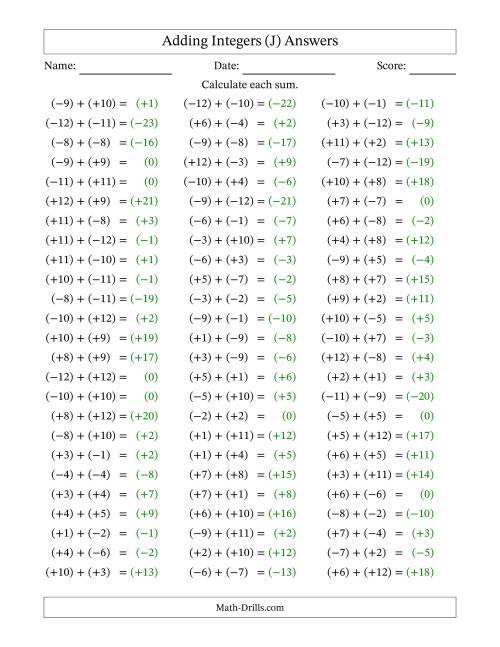 The Adding Mixed Integers from -12 to 12 (75 Questions; All Parentheses) (J) Math Worksheet Page 2