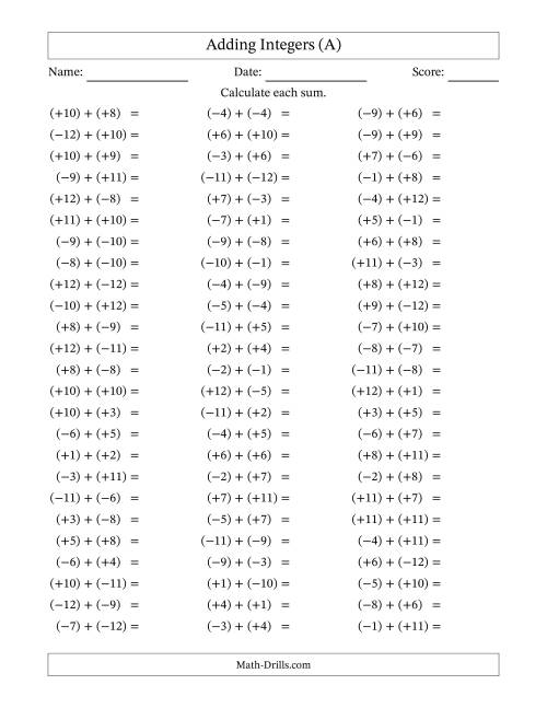 The Adding Mixed Integers from -12 to 12 (75 Questions; All Parentheses) (All) Math Worksheet
