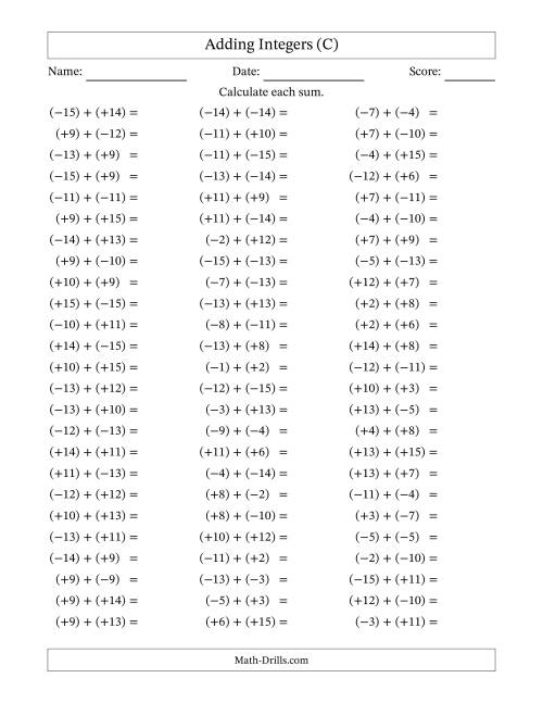 The Adding Mixed Integers from -15 to 15 (75 Questions; All Parentheses) (C) Math Worksheet