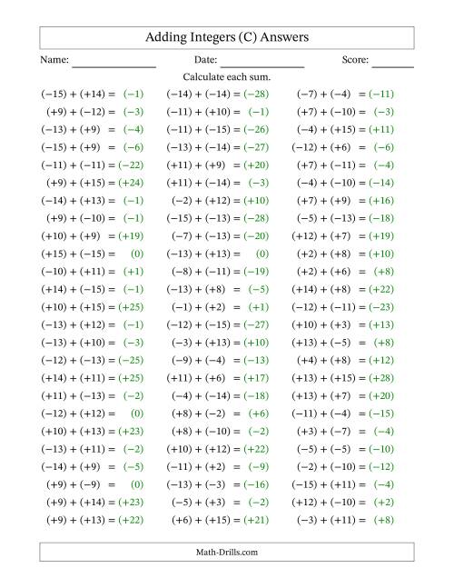 The Adding Mixed Integers from -15 to 15 (75 Questions; All Parentheses) (C) Math Worksheet Page 2