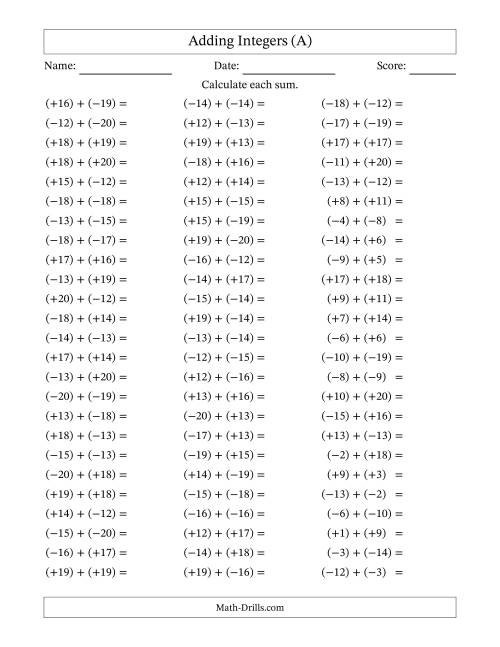 The Adding Mixed Integers from -20 to 20 (75 Questions; All Parentheses) (A) Math Worksheet