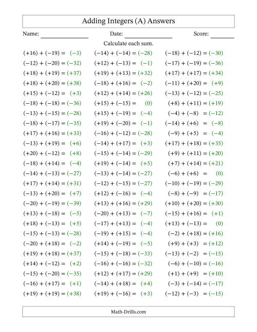 The Adding Mixed Integers from -20 to 20 (75 Questions; All Parentheses) (A) Math Worksheet Page 2