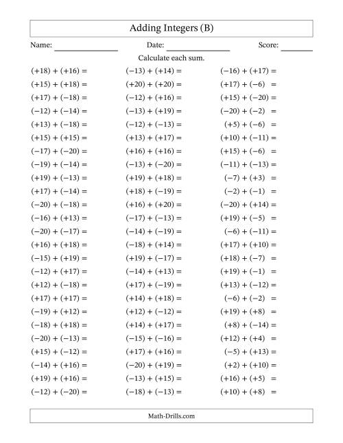 The Adding Mixed Integers from -20 to 20 (75 Questions; All Parentheses) (B) Math Worksheet