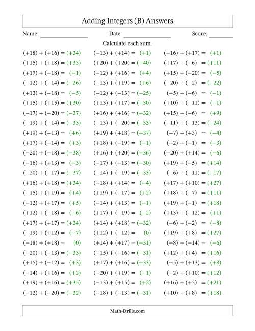 The Adding Mixed Integers from -20 to 20 (75 Questions; All Parentheses) (B) Math Worksheet Page 2